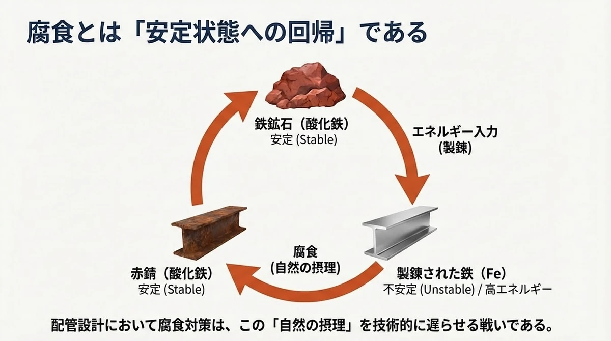 鉄が酸化物へ戻ることで腐食が進行する熱力学的な流れ