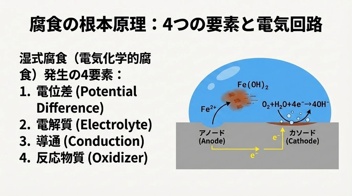 アノードでの鉄の溶解とカソードでの酸素還元による腐食電池の仕組み