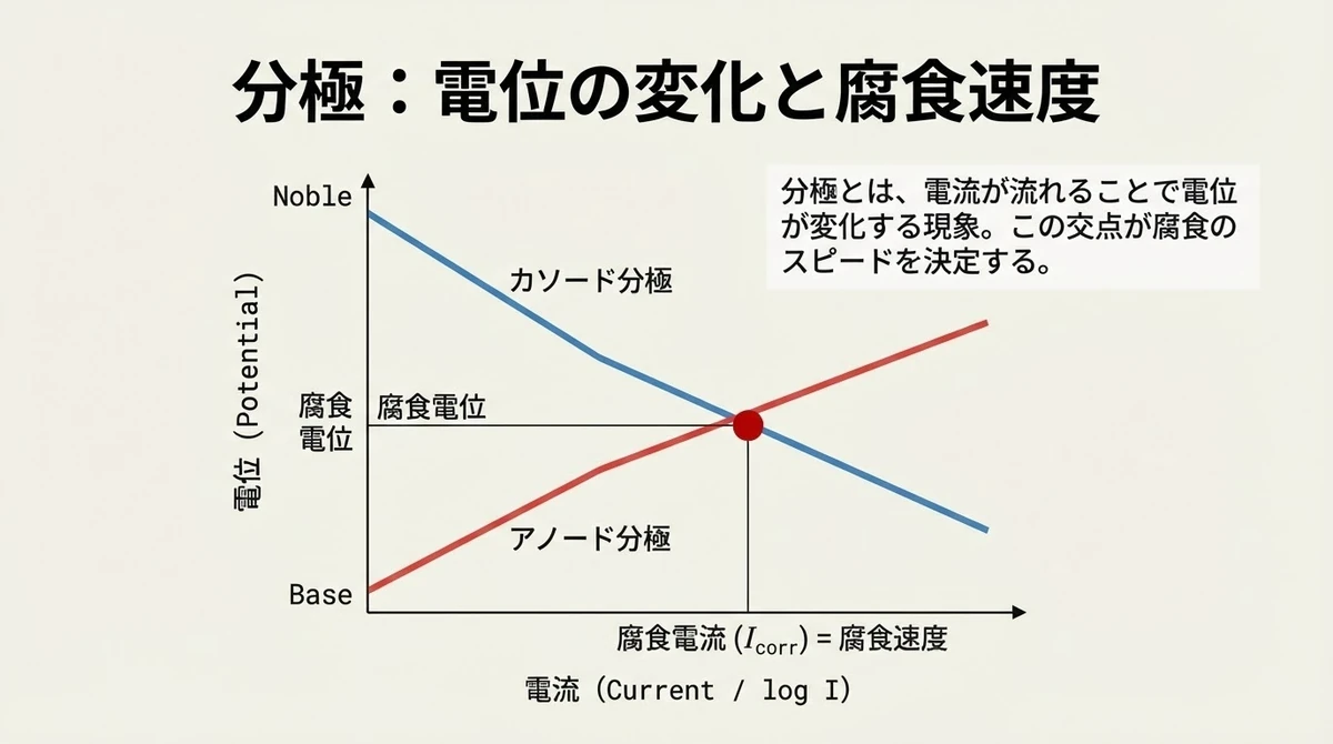 アノードとカソードの分極により腐食電流が決まる関係