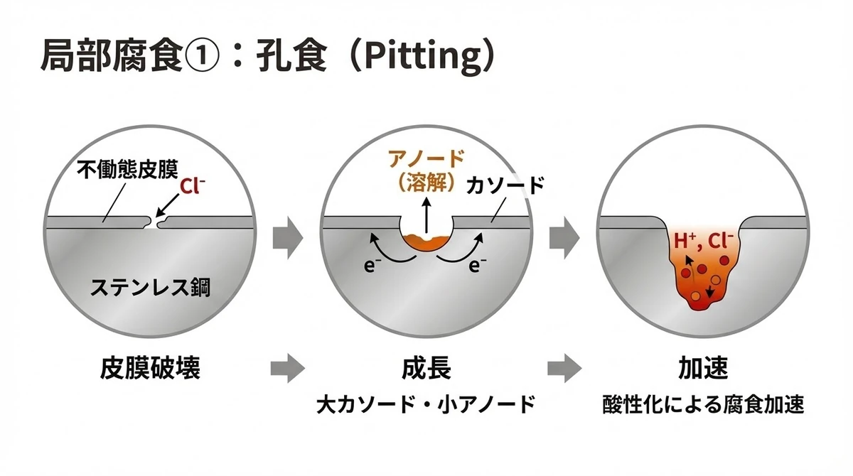 不動態被膜が局所的に破壊され、ステンレス鋼に深い孔食が進行する仕組み