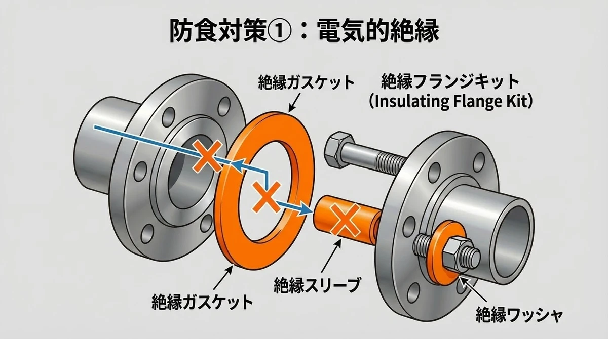 絶縁ガスケットとスリーブで異種金属間の腐食電流を遮断する方法