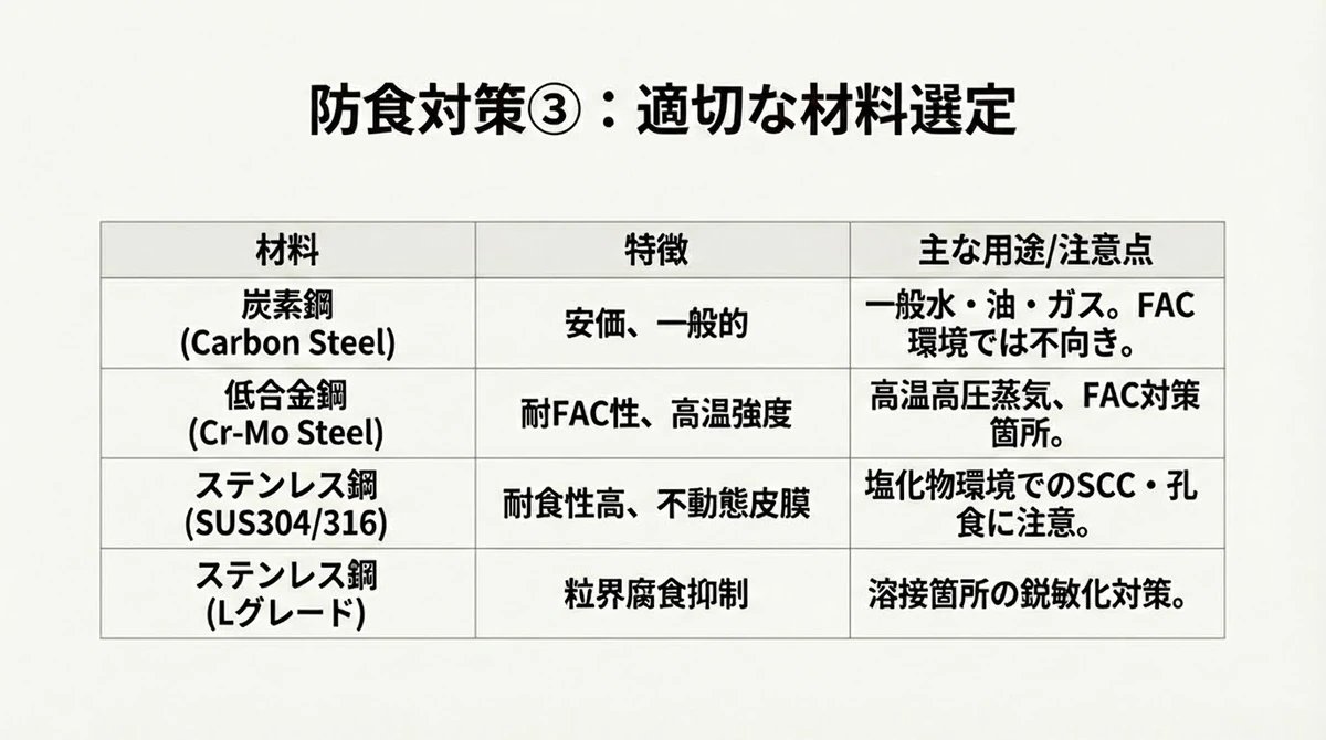 溶存酸素や塩化物イオンなどの環境制御と材料選定による防食対策