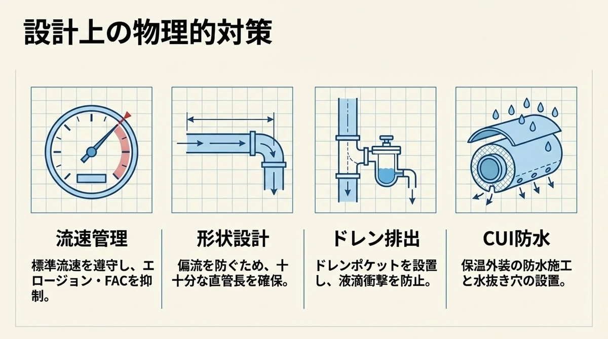 滞留部、隙間、異種金属接触を避ける配管設計上の防食対策