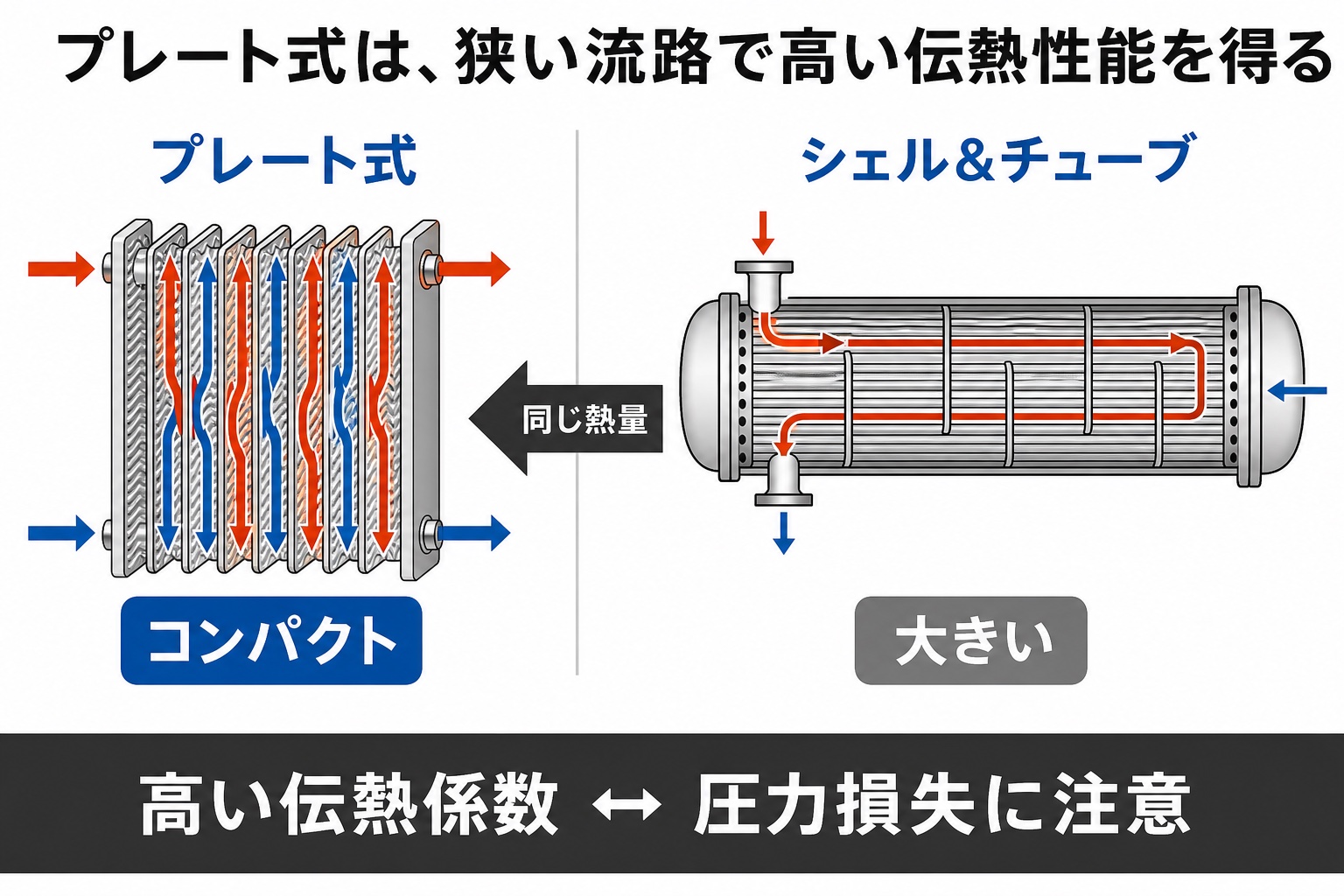 プレート式熱交換器とシェルアンドチューブ式を、同じ熱量に対する大きさと流路で比較した図