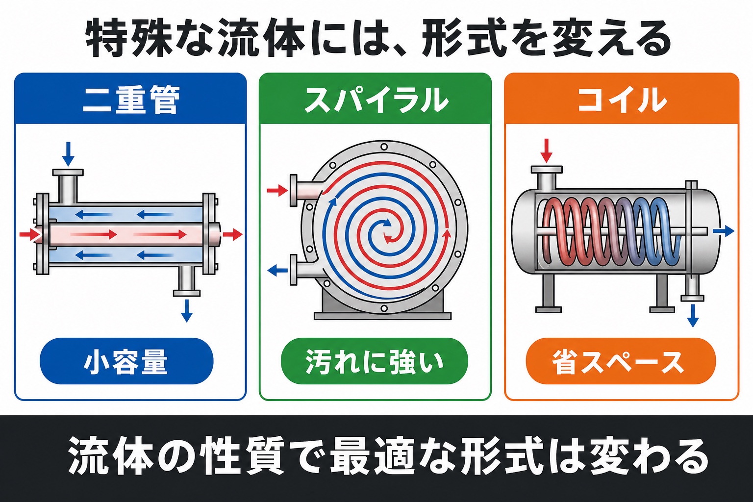 二重管、スパイラル、コイル式熱交換器の構造と代表的な用途の比較