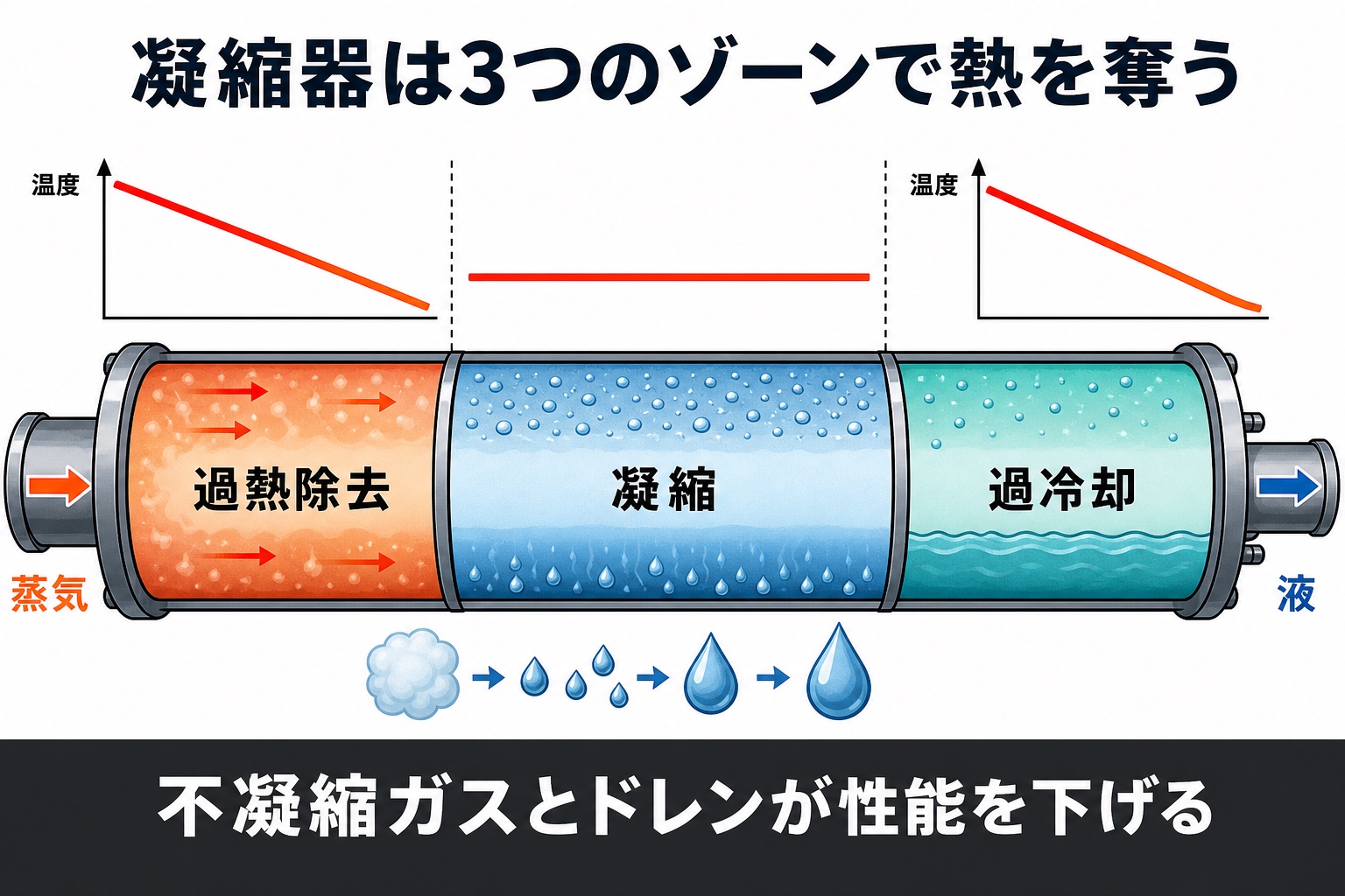 凝縮器で蒸気が過熱除去、凝縮、過冷却の3ゾーンを通って液になる過程