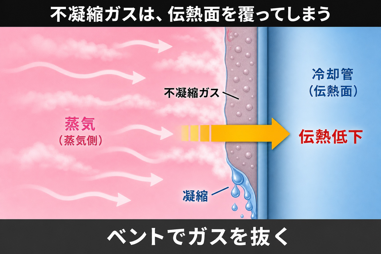 凝縮器の伝熱面近傍に不凝縮ガスの層がたまり、熱移動を妨げる仕組み