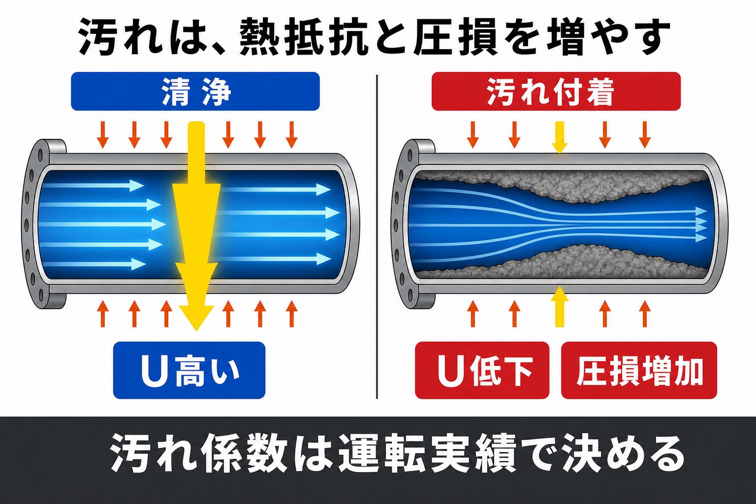 清浄な管と汚れが付着した管を比べ、汚れで伝熱係数が低下し圧力損失が増える図
