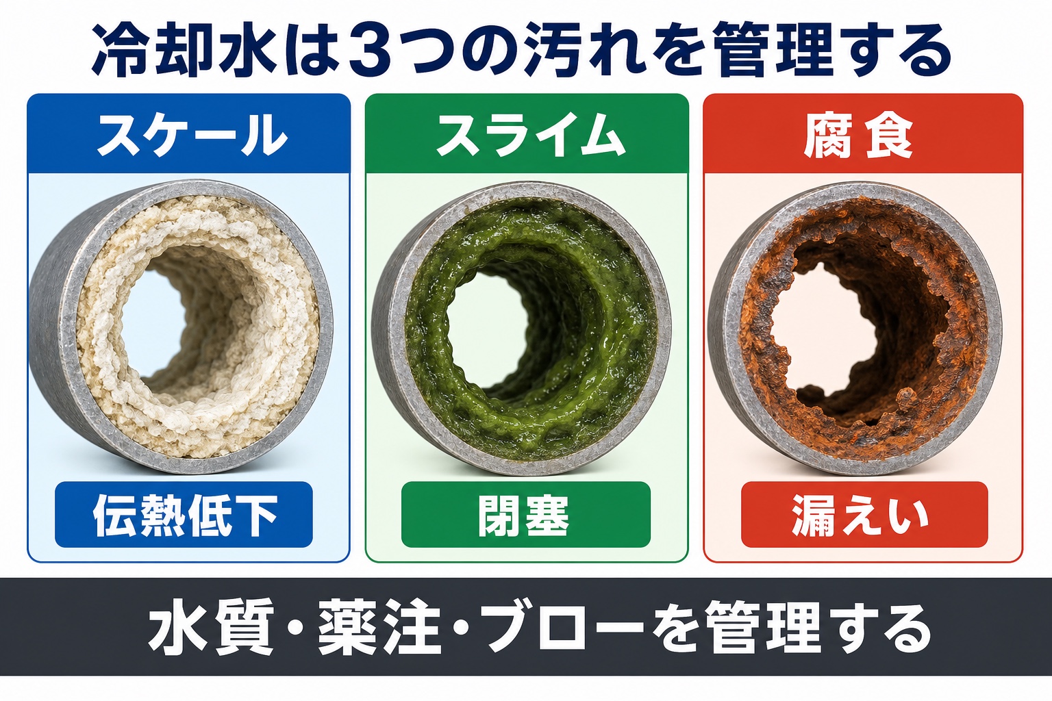 冷却水系の代表的な問題であるスケール、スライム、腐食と、その影響を示す図