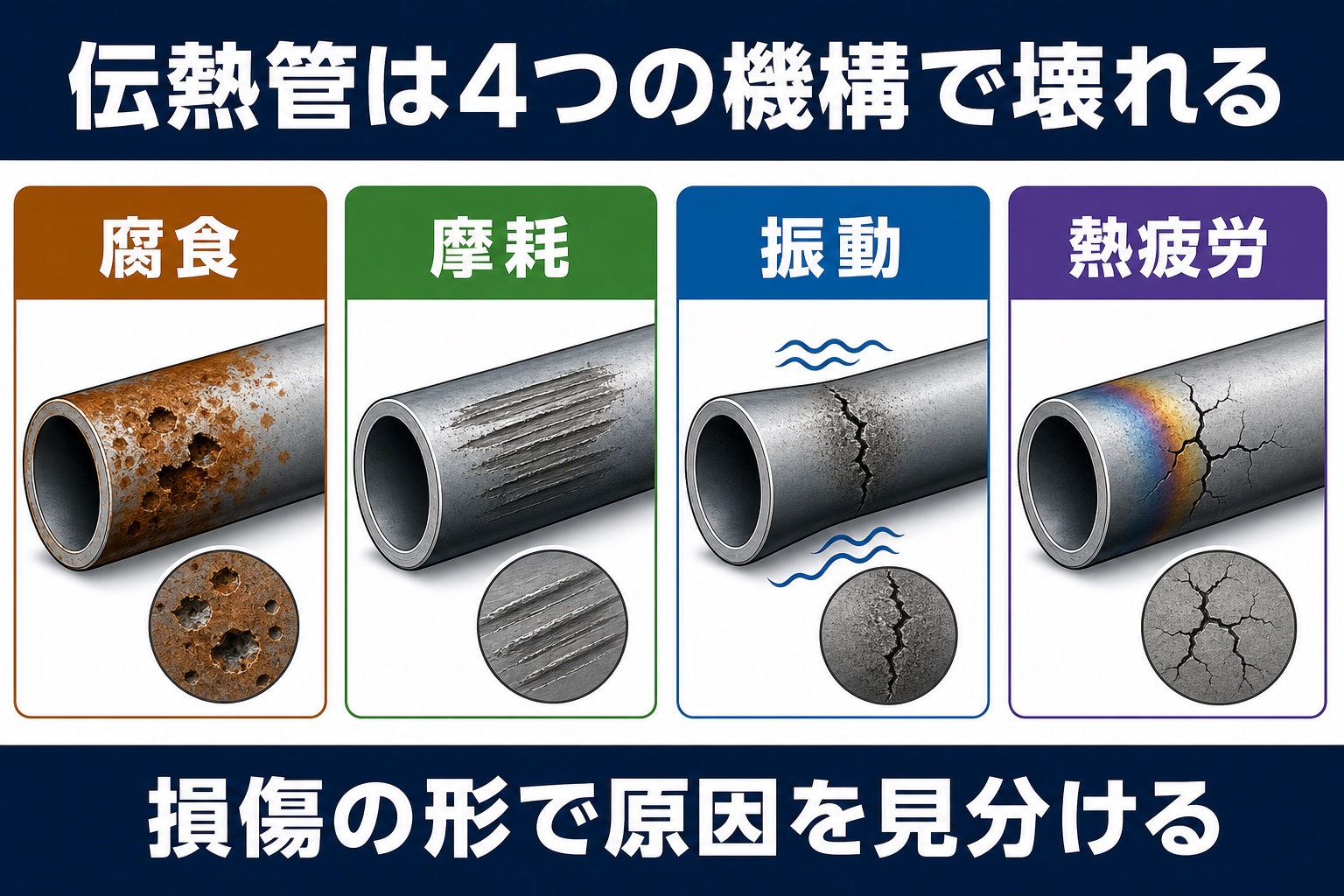 伝熱管の腐食、摩耗、振動、熱疲労による4つの代表的な損傷