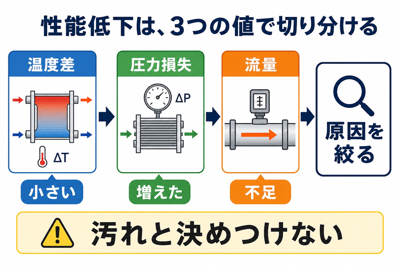 温度差、圧力損失、流量の3つを確認して熱交換器の性能低下原因を切り分ける図