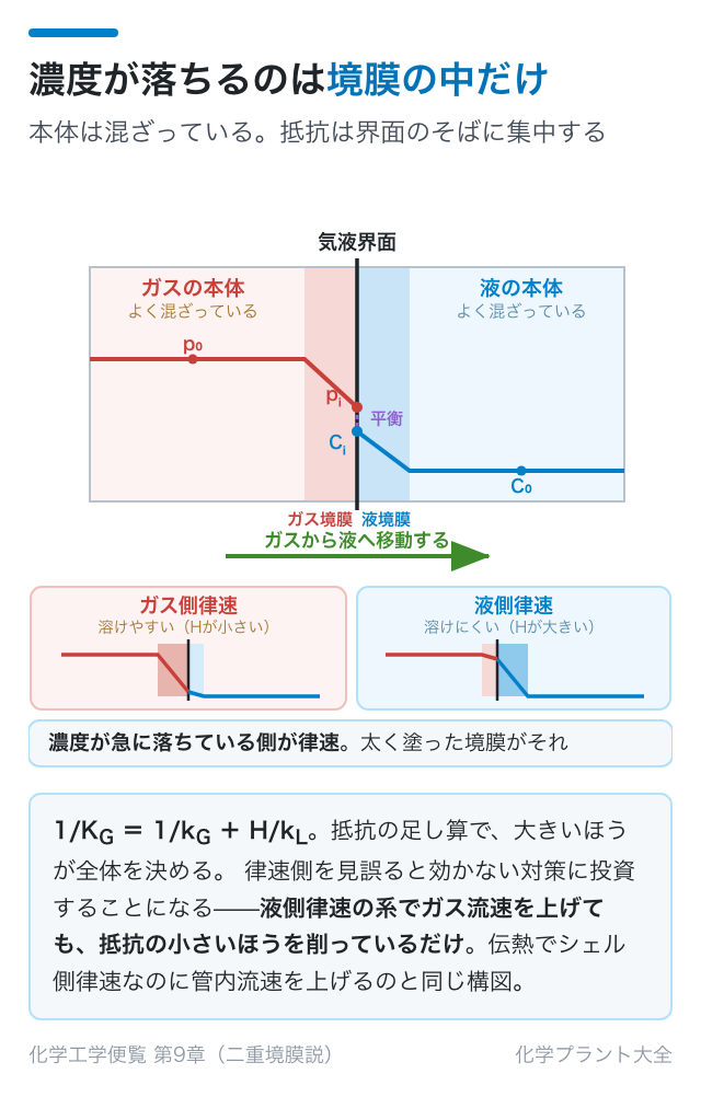 ガス境膜と液境膜の濃度プロファイルと律速側の見分け方