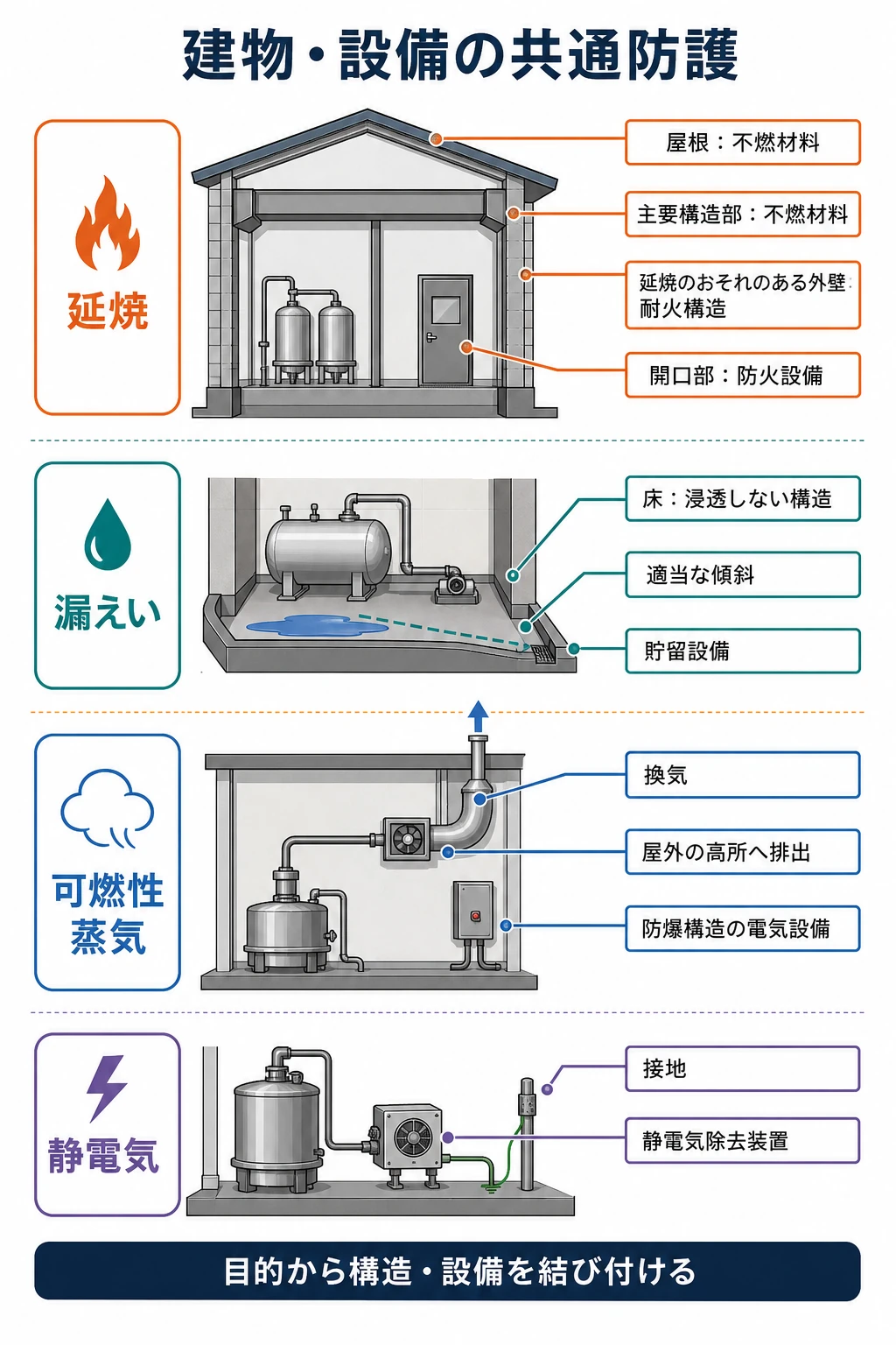 製造所等の建物・設備で延焼、漏えい、可燃性蒸気、静電気を防ぐ共通基準を示した図