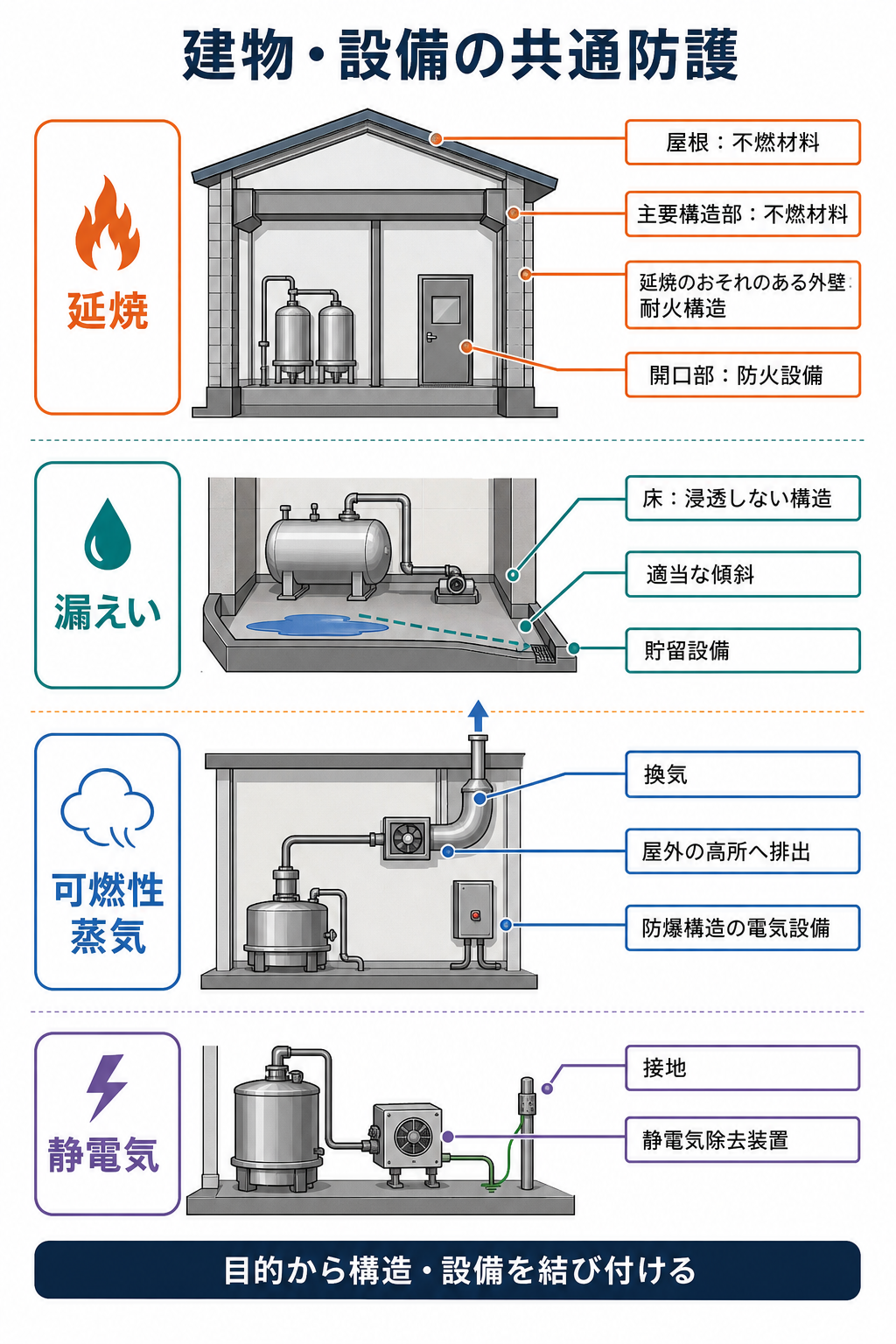 製造所等の建物・設備で延焼、漏えい、可燃性蒸気、静電気を防ぐ共通基準を示した図