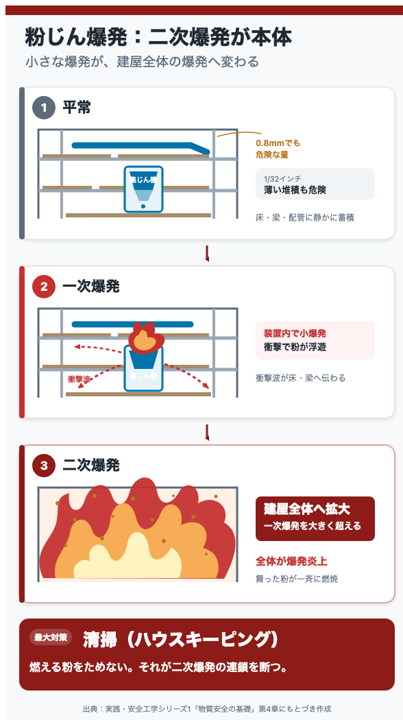 粉じん爆発：二次爆発が本体