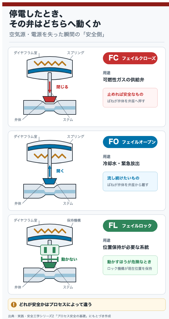 停電したとき、その弁はどちらへ動くか