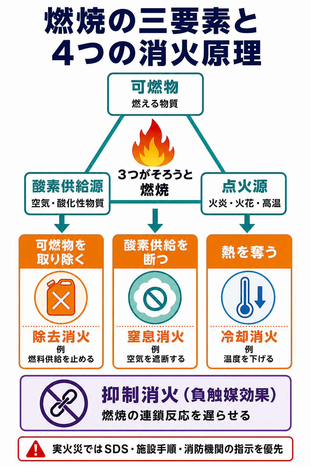 燃焼の三要素である可燃物・酸素供給源・点火源と、除去・窒息・冷却・抑制消火の対応を示した図