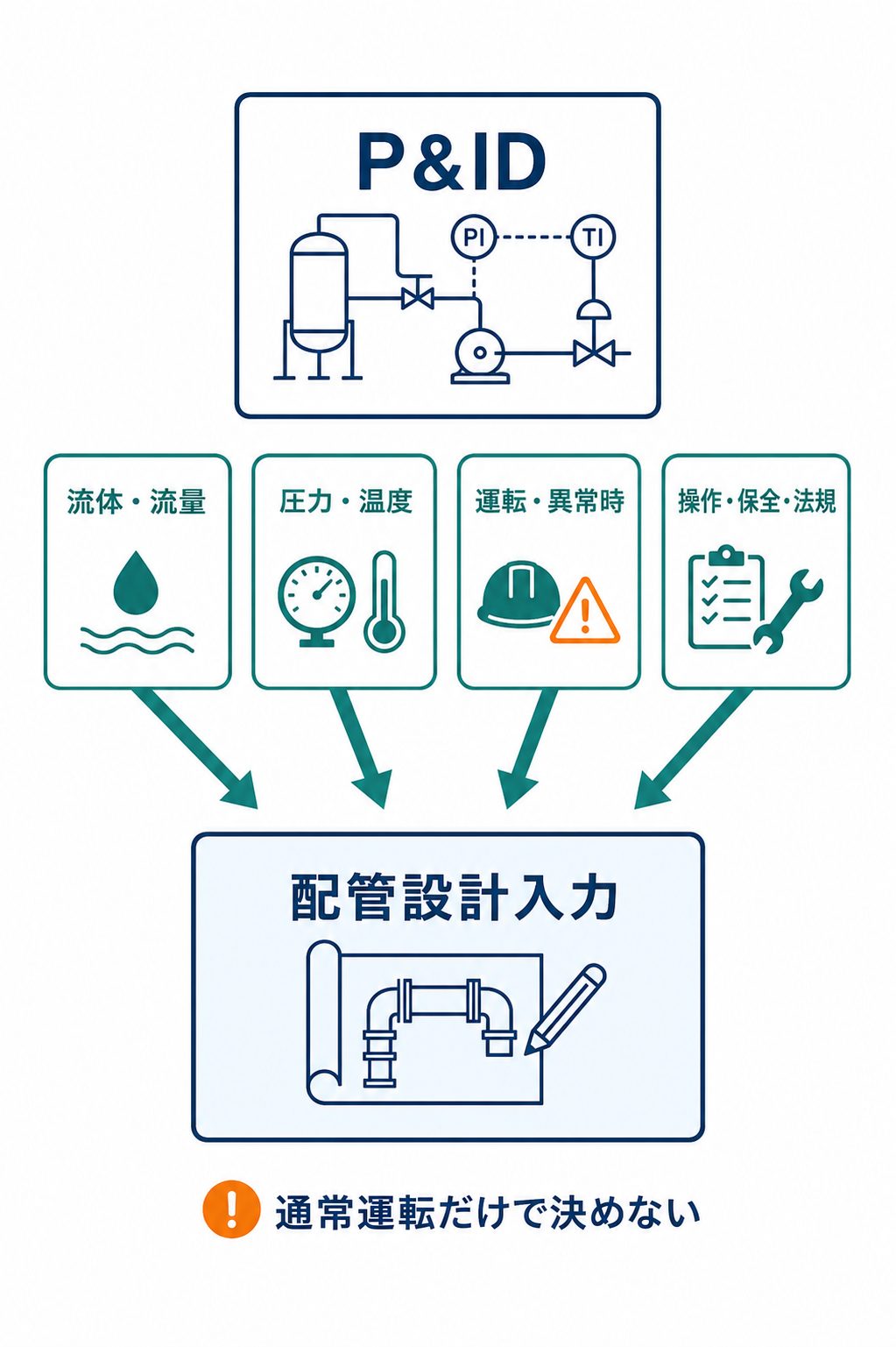 P&IDに加えて流体・流量、圧力・温度、運転・異常時、操作・保全・法規を配管設計入力として整理した図