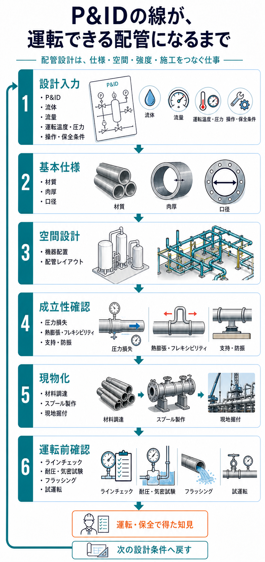 P&IDから基本仕様、空間設計、成立性確認、製作施工、運転前確認へ進み、運転保全の知見を次の設計入力へ戻す配管設計の全体ワークフロー