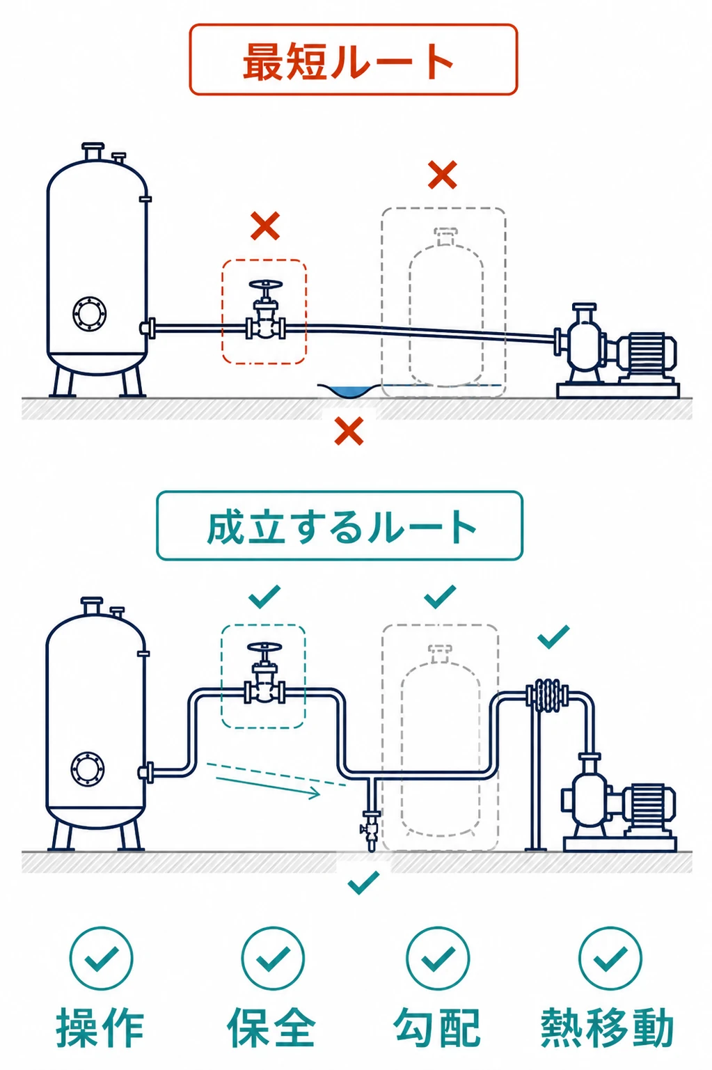 最短ルートと、操作・保全・勾配・熱移動を満たす成立する配管ルートを比較した図
