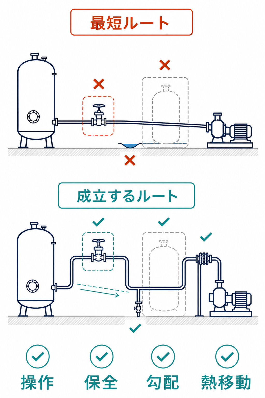 最短ルートと、操作・保全・勾配・熱移動を満たす成立する配管ルートを比較した図