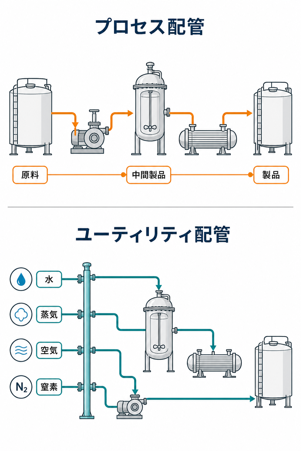 製造工程をつなぐプロセス配管と、水・蒸気・空気・窒素を供給するユーティリティ配管を比較した図