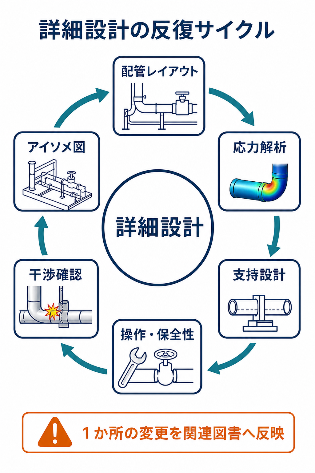 配管レイアウト、応力解析、支持設計、操作保全性、干渉確認、アイソメ図を相互に見直しながら詳細化する配管設計の反復サイクル