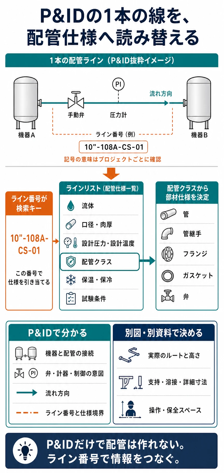 P&ID上の配管ラインをライン番号でラインリストへ照合し、配管クラスから管、継手、フランジ、ガスケット、弁の仕様を決める流れ