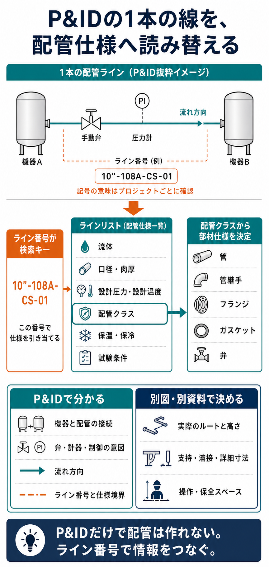 P&ID上の配管ラインをライン番号でラインリストへ照合し、配管クラスから管、継手、フランジ、ガスケット、弁の仕様を決める流れ