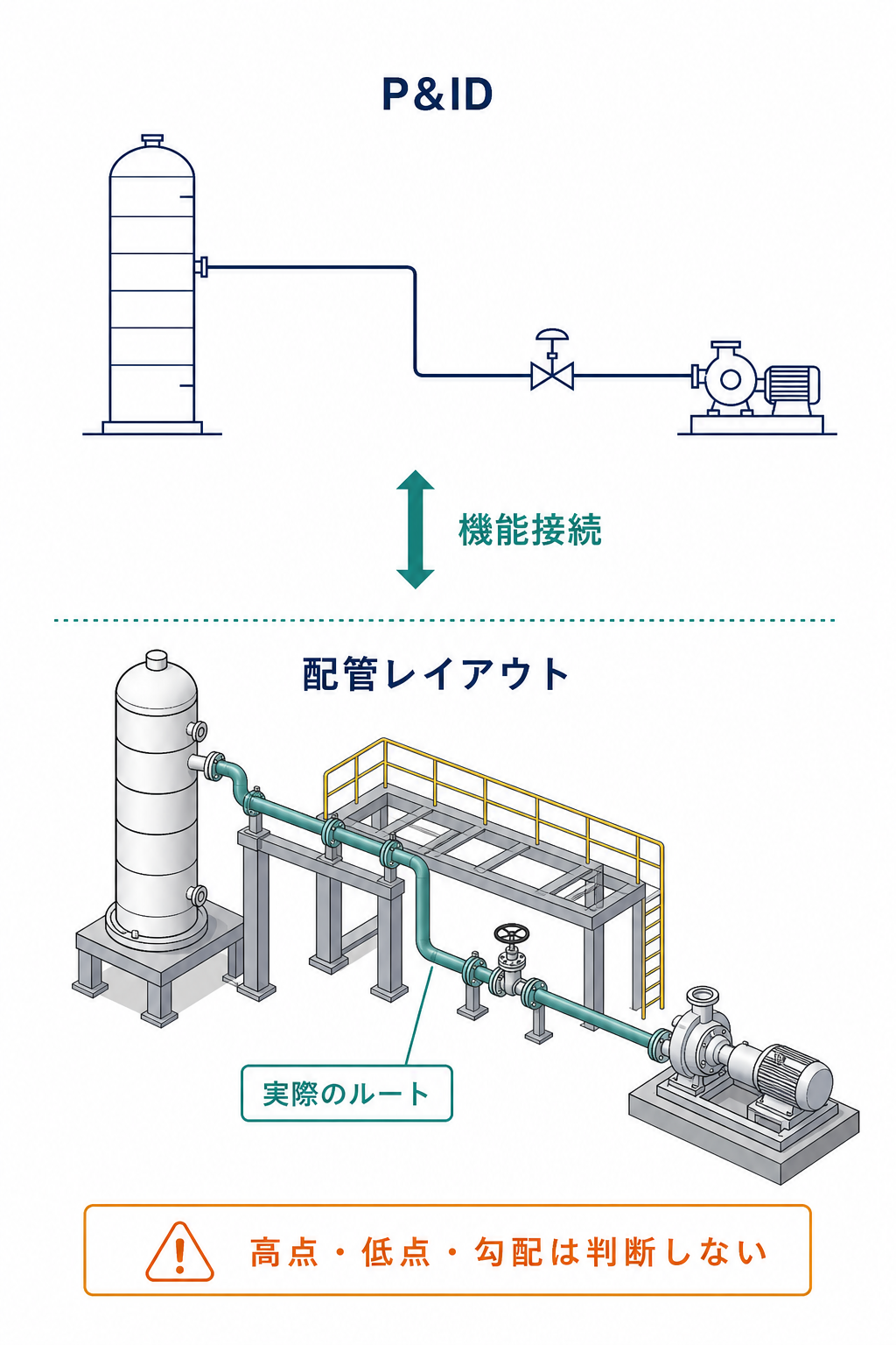 P&IDの機能接続と、架構や高さを考慮した実際の配管ルートを比較した図