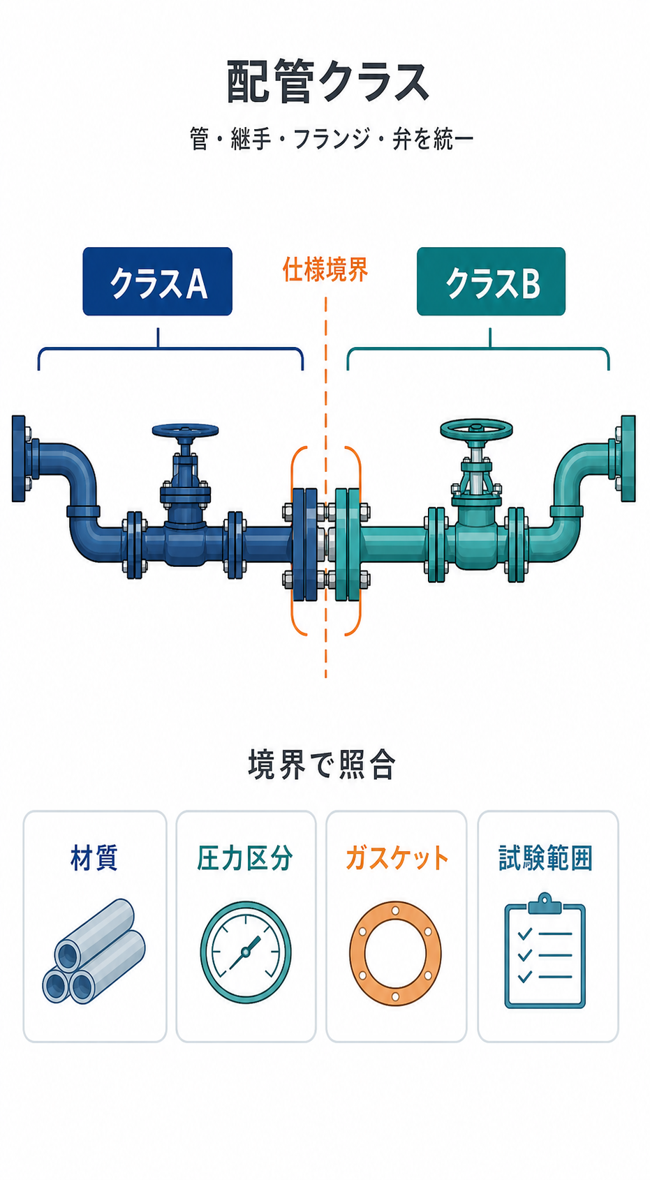 配管クラスAとBがフランジの仕様境界で切り替わり、材質・圧力区分・ガスケット・試験範囲を照合する図