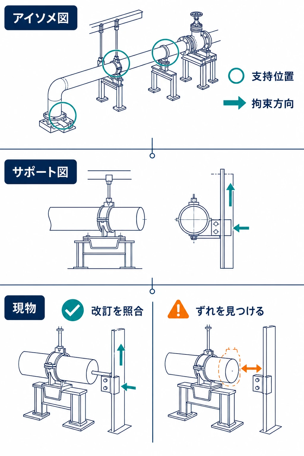 アイソメ図、サポート図、現物の同じ支持点を照合し、支持位置と拘束方向のずれを見つける図