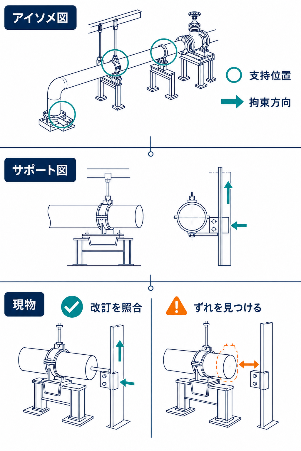 アイソメ図、サポート図、現物の同じ支持点を照合し、支持位置と拘束方向のずれを見つける図
