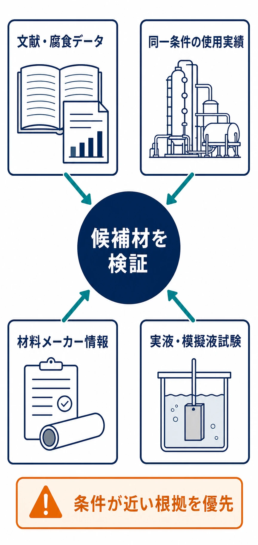 文献・腐食データ、同一条件の使用実績、材料メーカー情報、実液または模擬液による試験を組み合わせて候補材を検証する図