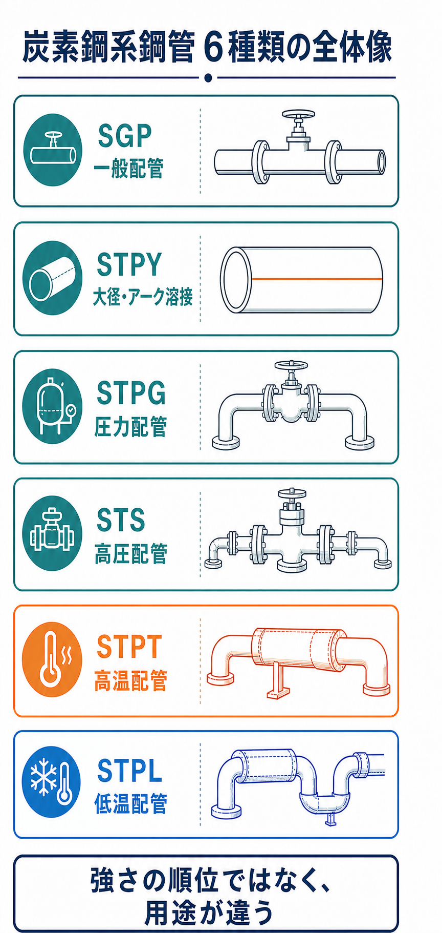 一般配管のSGP、大径アーク溶接管のSTPY、圧力配管のSTPG、高圧配管のSTS、高温配管のSTPT、低温配管のSTPLを用途別に整理した図