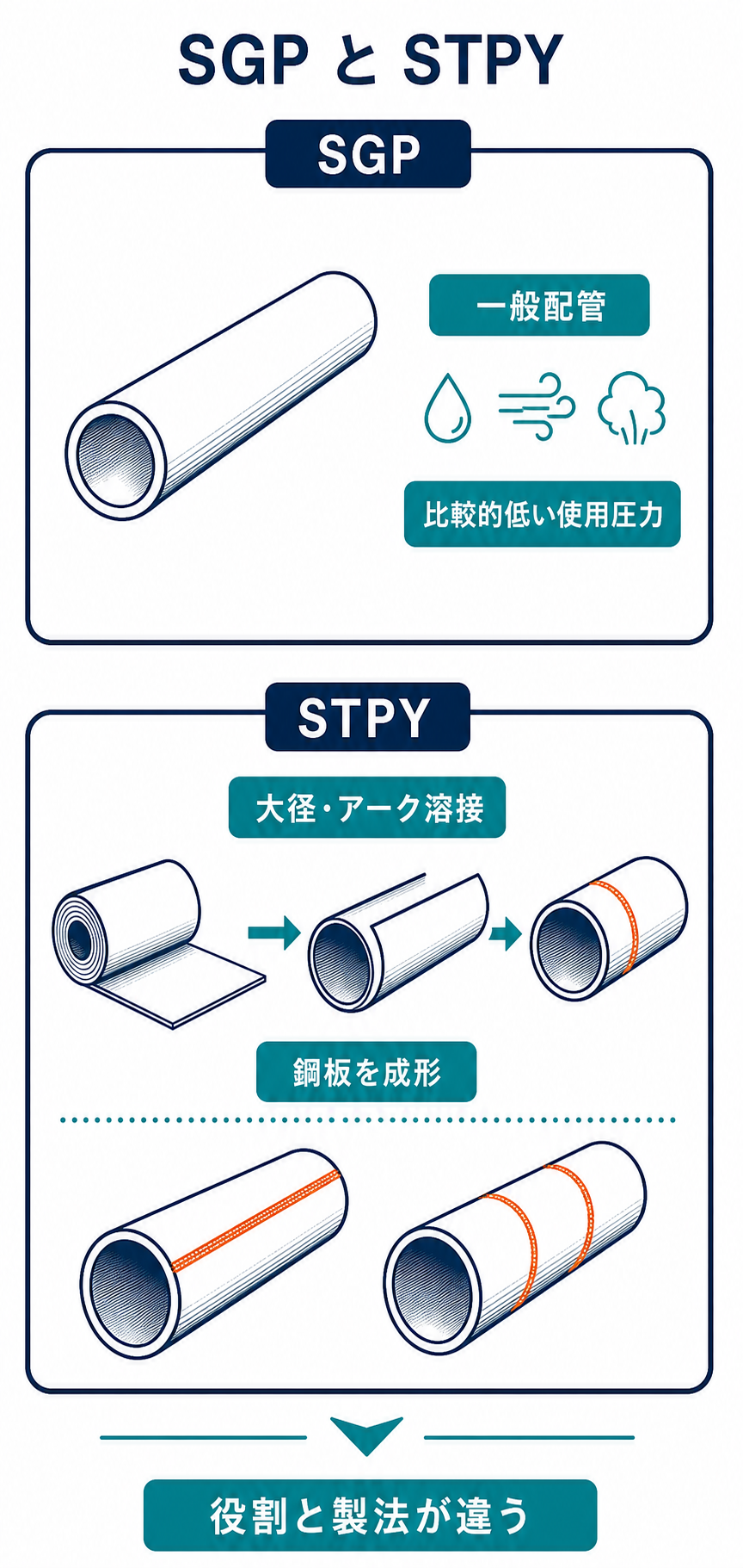 比較的低い使用圧力の一般配管に使うSGPと、鋼板を成形して溶接する大径向けSTPYを比較した図