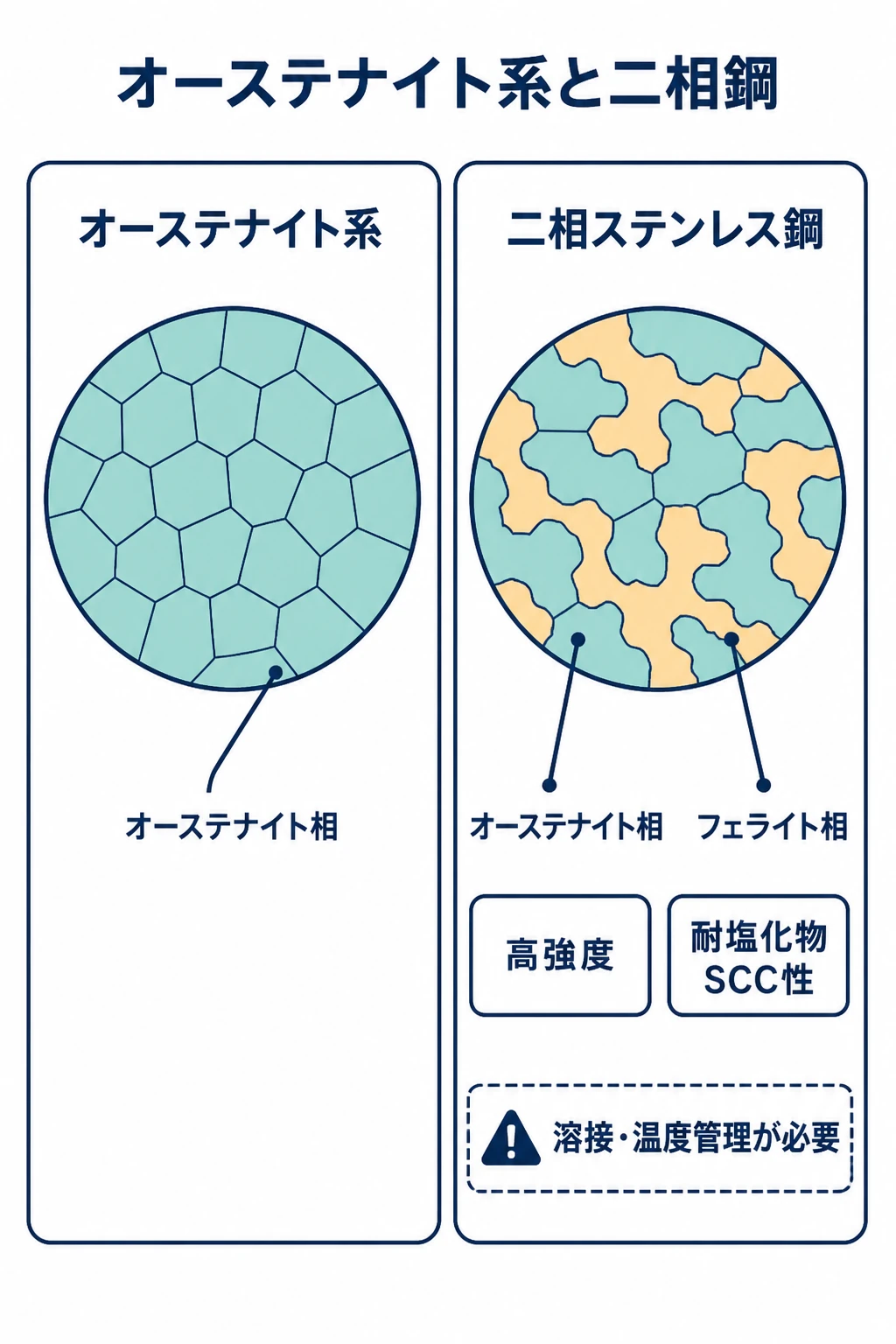 オーステナイト単相のステンレス鋼と、オーステナイト相とフェライト相を組み合わせた二相ステンレス鋼の組織と設計上の違い