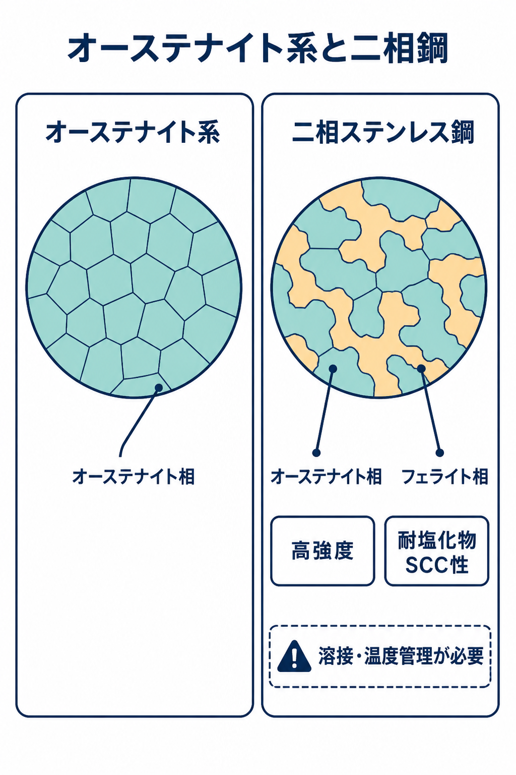 オーステナイト単相のステンレス鋼と、オーステナイト相とフェライト相を組み合わせた二相ステンレス鋼の組織と設計上の違い
