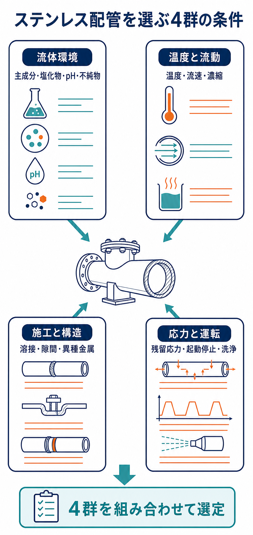 流体環境、温度と流動、施工と構造、応力と運転を組み合わせてステンレス配管材料を選ぶ全体像