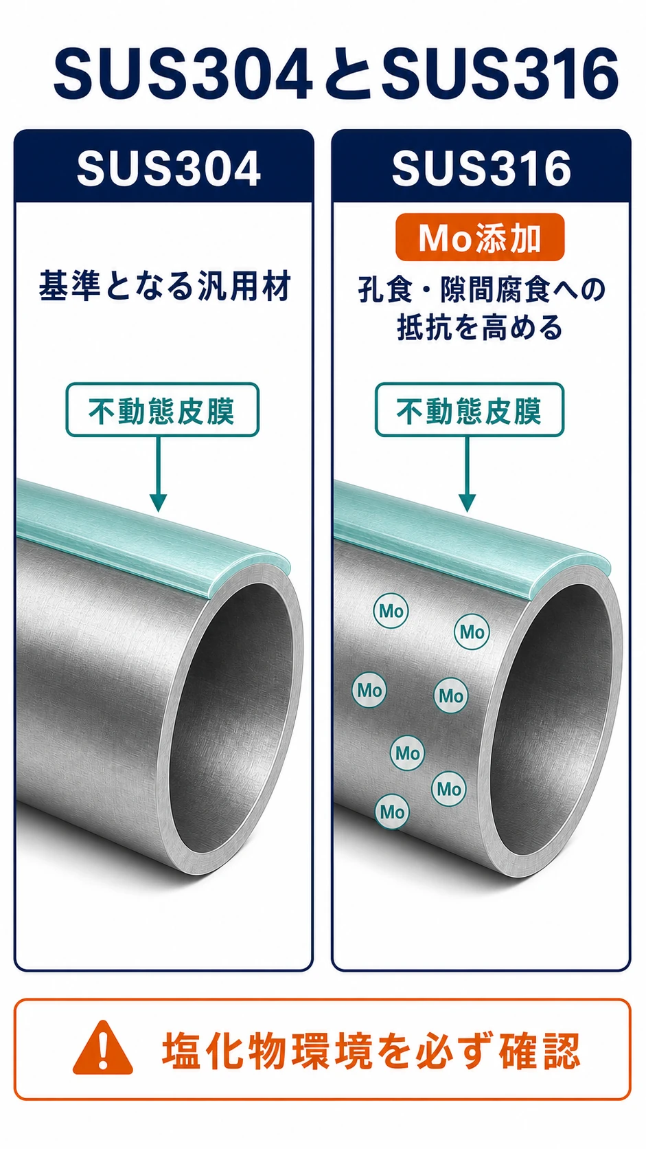 SUS304を基準に、モリブデンを含むSUS316が孔食と隙間腐食への抵抗を高める一方で使用環境の確認が必要なことを示す図