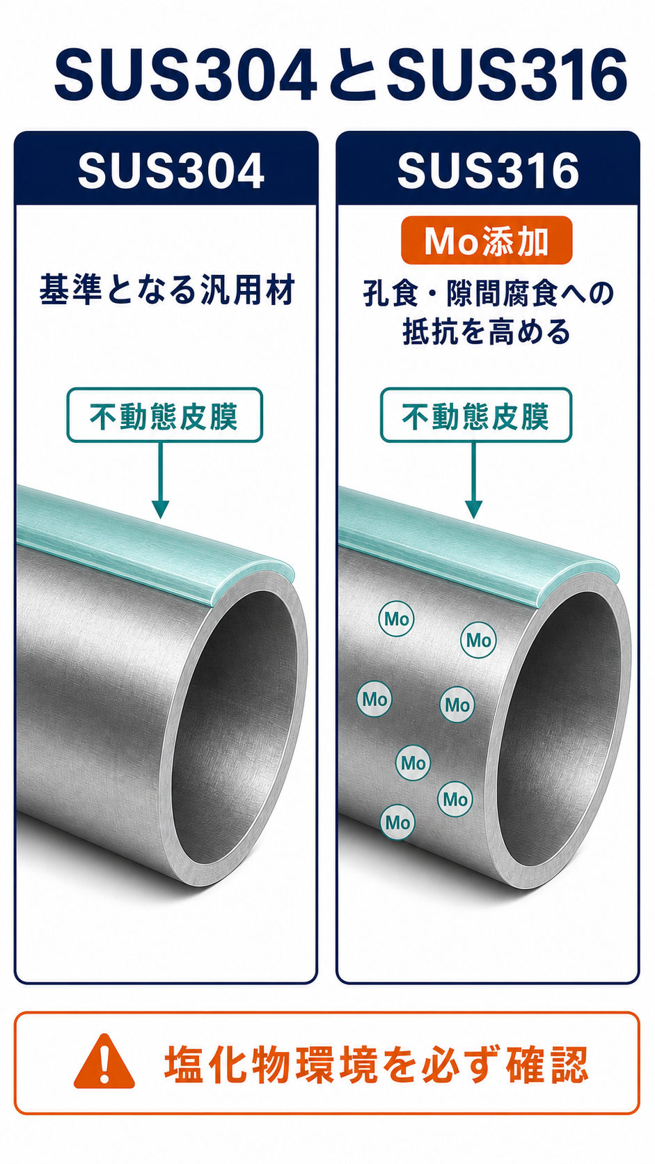 SUS304を基準に、モリブデンを含むSUS316が孔食と隙間腐食への抵抗を高める一方で使用環境の確認が必要なことを示す図
