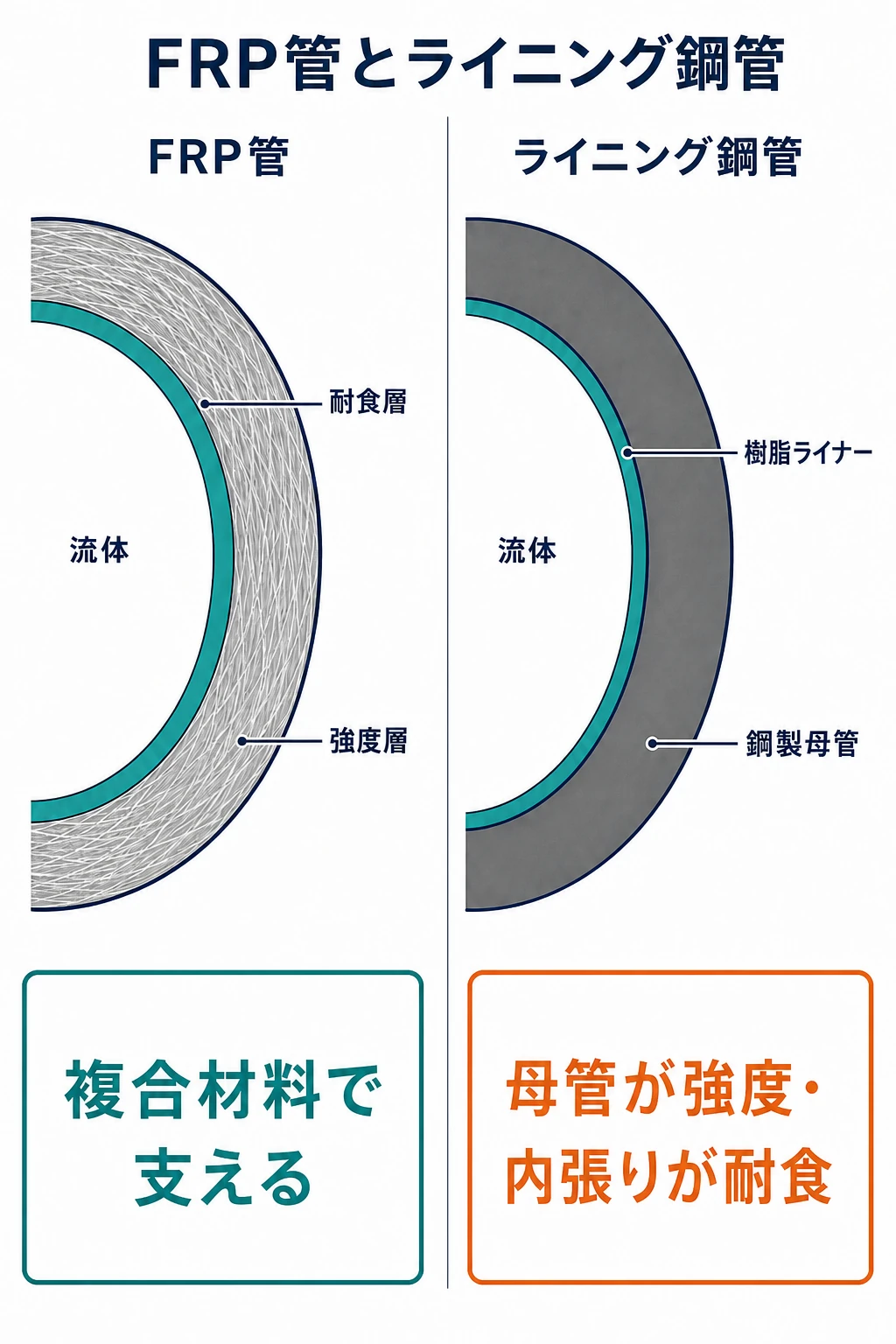 耐食層と強度層で構成するFRP管と、鋼製母管の内面を樹脂ライナーで保護するライニング管の断面比較