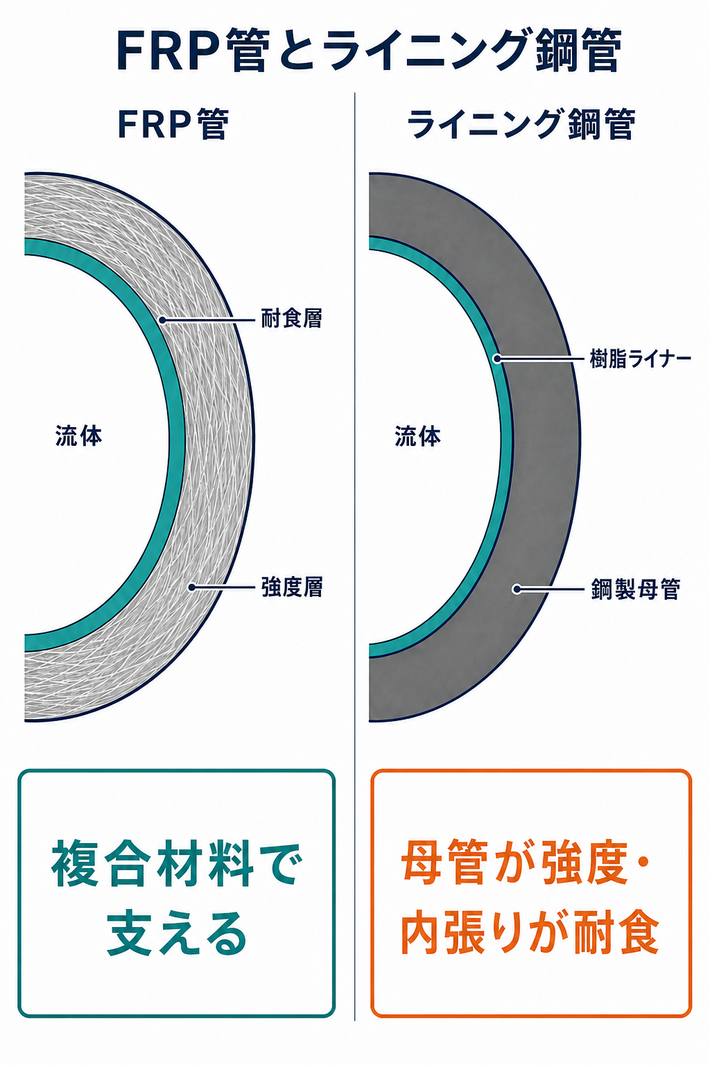 耐食層と強度層で構成するFRP管と、鋼製母管の内面を樹脂ライナーで保護するライニング管の断面比較