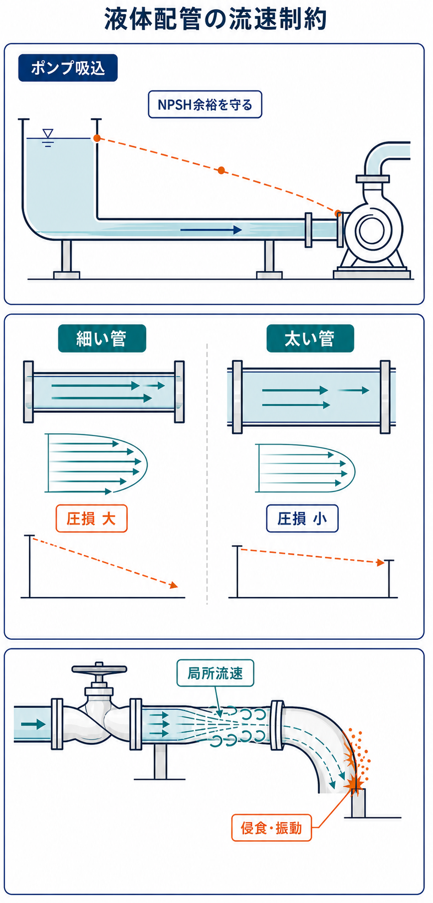 ポンプ吸込のNPSH、配管圧力損失、局部乱れによる侵食と振動を示す液体配管の図解