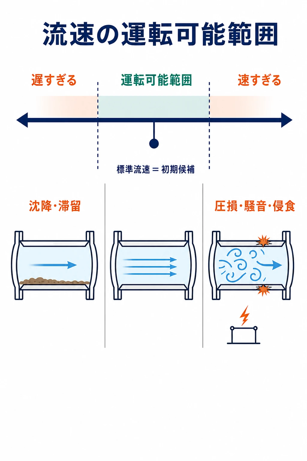 遅すぎる側の沈降や滞留と速すぎる側の圧損、騒音、侵食、静電気の間から配管流速を決める考え方