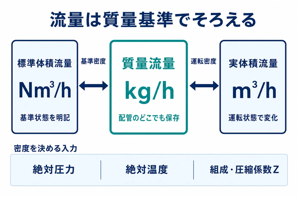 kg毎時の質量流量を軸に、標準状態のNm3毎時と運転圧力温度での実体積流量を区別して変換する図