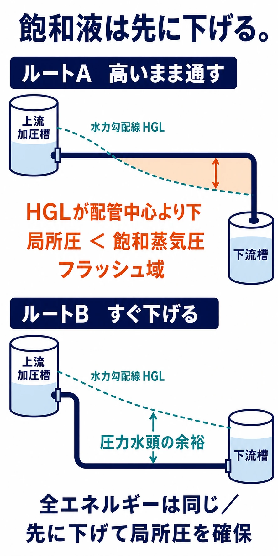 飽和液配管で容器出口と同じ高さを長く通すルートは途中でフラッシュし、出口直後に配管を下げるルートは位置水頭を圧力水頭へ変えてフラッシュを避ける比較図