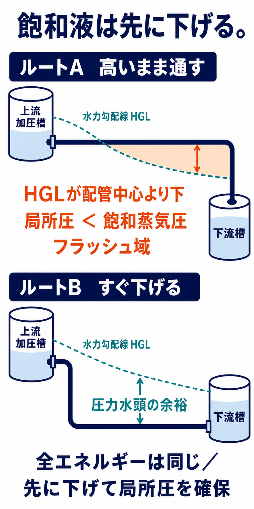 飽和液配管で容器出口と同じ高さを長く通すルートは途中でフラッシュし、出口直後に配管を下げるルートは位置水頭を圧力水頭へ変えてフラッシュを避ける比較図