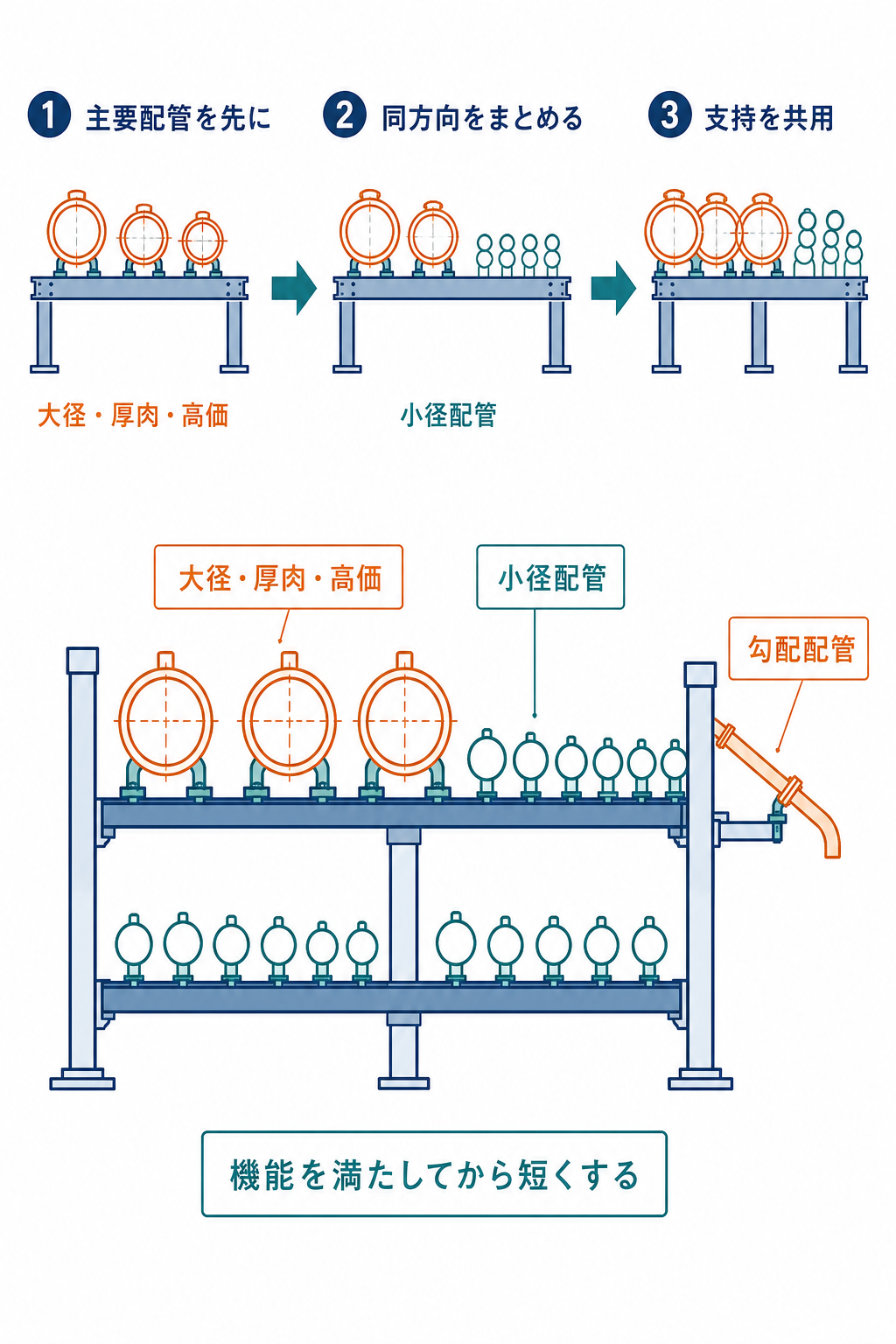 大口径や高価な主要配管を優先し、同方向の配管をラック上でまとめ、支持を共用する経済的なレイアウト