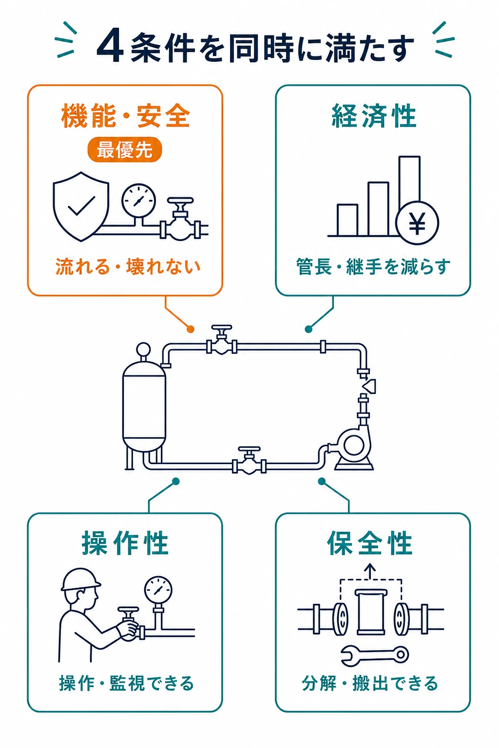 配管レイアウトが機能安全、経済性、操作性、保全性の4条件を同時に満たすことを示す図